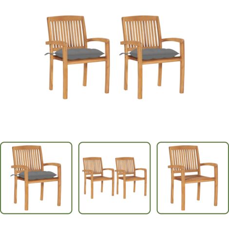 vidaXL Sedie in legno massello -  Sedie da Giardino 2 pz con Cuscini Grigi in Teak Massello