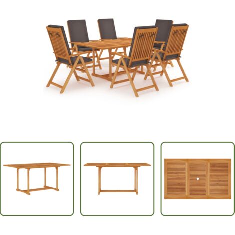 vidaXL Sedie in teak -  Set da Pranzo da Giardino 7 pz con Cuscini Grigi Legno di Teak