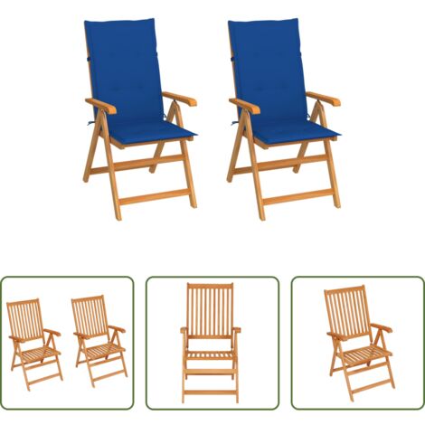 vidaXL Sedie pieghevoli -  Sedie da Giardino 2 pz con Cuscini Blu Reale in Massello Teak
