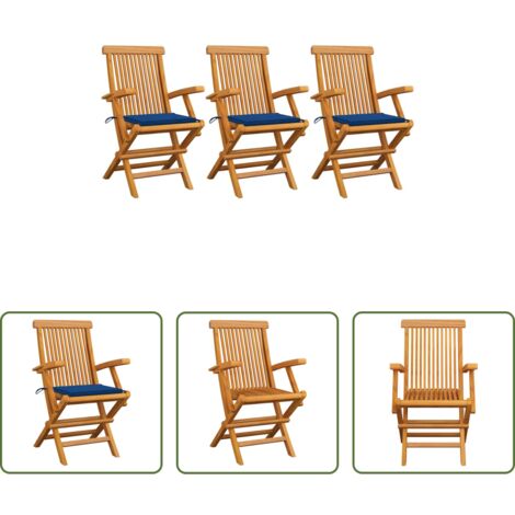 vidaXL Sedie pieghevoli -  Sedie da Giardino con Cuscini Blu Reale 3pz Legno Massello Teak