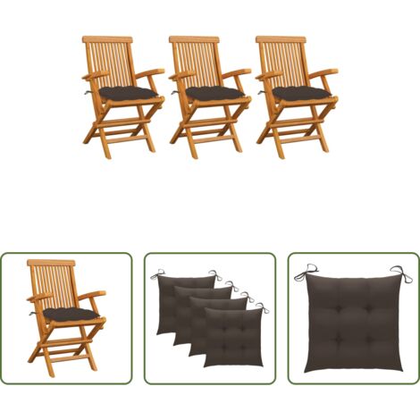 vidaXL Sedie pieghevoli -  Sedie da Giardino con Cuscini Tortora 3 pz Legno Massello Teak
