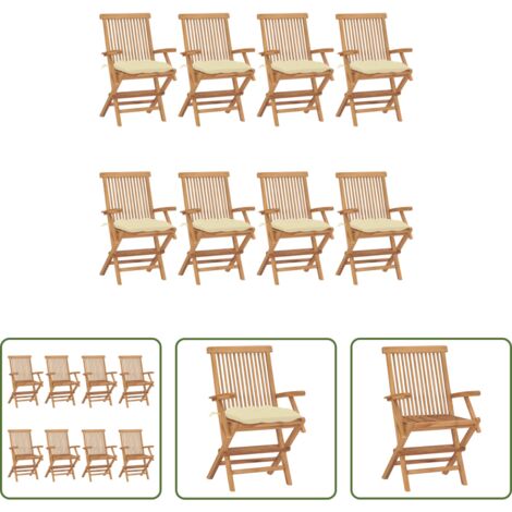 vidaXL Sedie pieghevoli -  Sedie Giardino con Cuscini Bianco Crema 8pz Legno Massello Teak