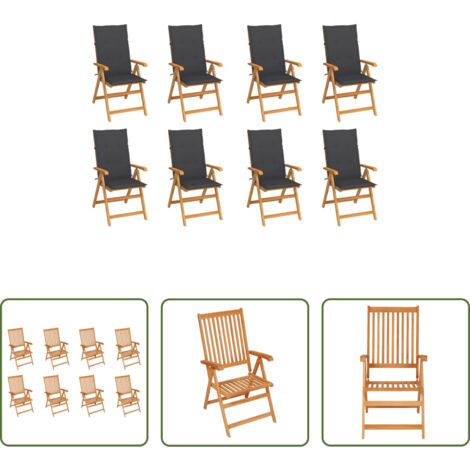 vidaXL Sedie pieghevoli -  Sedie Reclinabili da Giardino con Cuscini 8 pz Massello di Teak