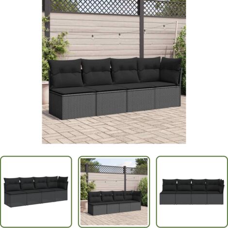 vidaXL Seduta centrale -  Divano da giardino con cuscini 4 posti nero in polyrattan