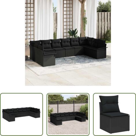 vidaXL Sedute angolari -  Set Divano da Giardino con cuscino 10 pcs Nero polyrattan