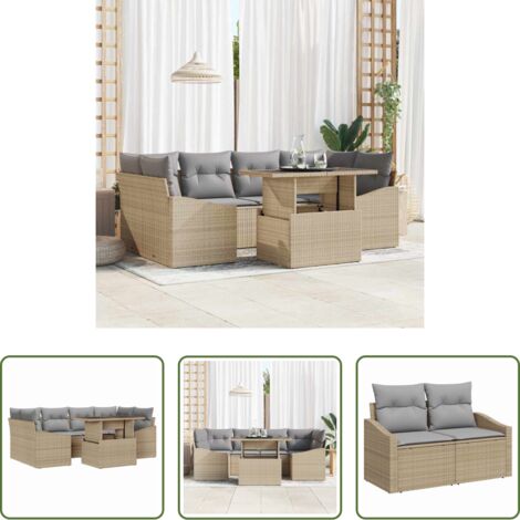 vidaXL Sedute angolari -  Set Divano da Giardino con cuscino 7 pcs Beige polyrattan