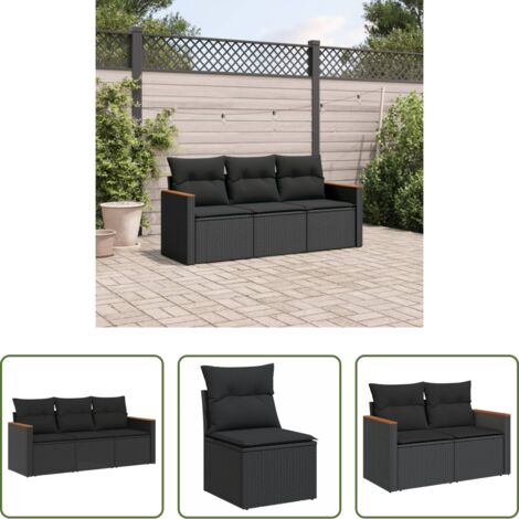 vidaXL Sedute da esterno -  Set Divani da Giardino 3 pz con Cuscini in Polyrattan Nero