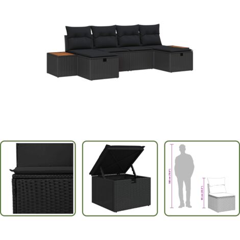 vidaXL Sedute da giardino -  Set Divano da Giardino con cuscino 6 pcs Nero polyrattan