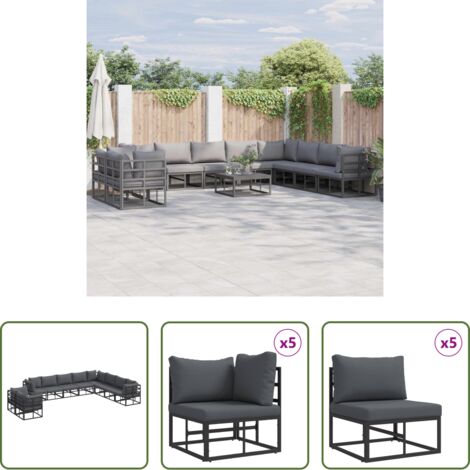 vidaXL Sedute da terrazza -  Set Divano da Giardino con cuscino 10 pcs Nero Alluminio