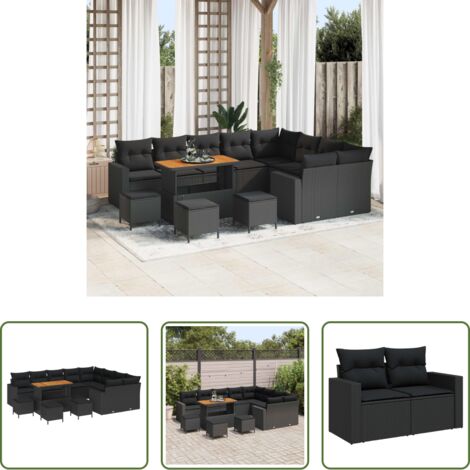 vidaXL Sedute esterne -  Set Divano da Giardino con cuscino 14 pcs Nero polyrattan