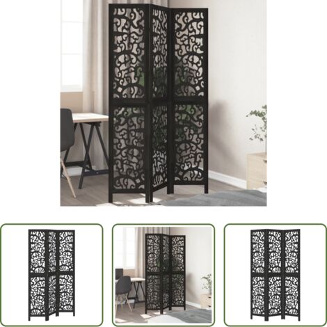 vidaXL Separador de ambientes -  Biombo separador de 3 paneles madera maciza Paulownia negro