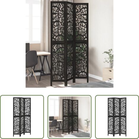 vidaXL Separador de ambientes -  Biombo separador de 3 paneles madera maciza Paulownia negro