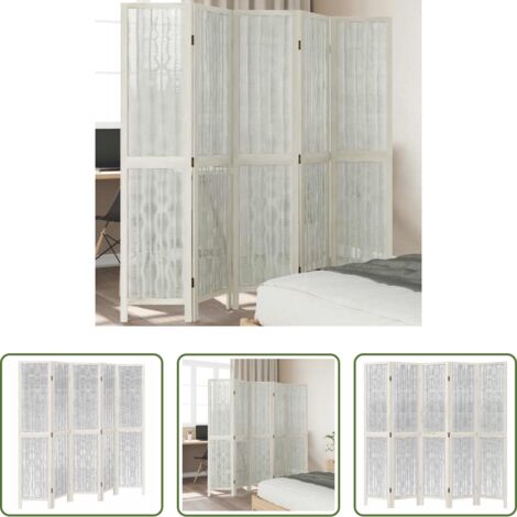 vidaXL Separador de ambientes -  Biombo separador de 5 paneles madera maciza Paulownia blanco