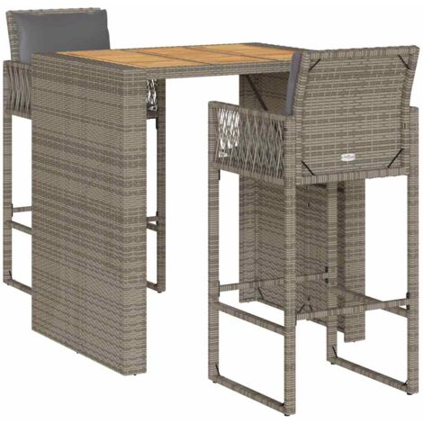 vidaXL Set Bar da Giardino 3 pz con Cuscini Grigio Polyrattan Acacia