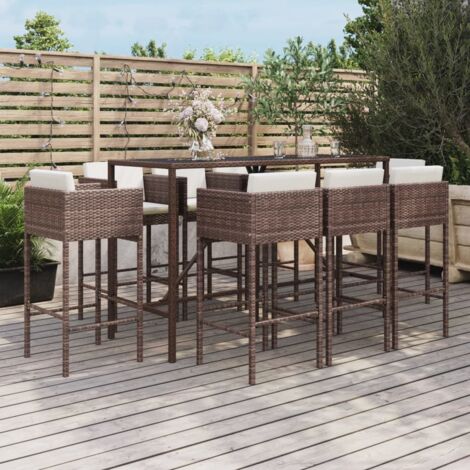 vidaXL Set Bar da Giardino 9 pz con Cuscini in Polyrattan Marrone