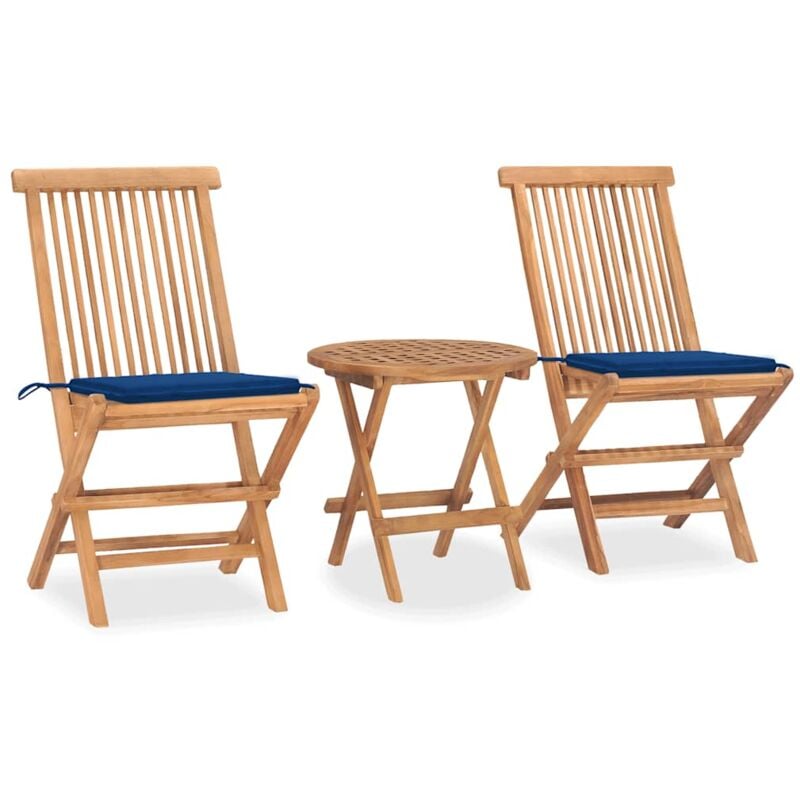 

vidaXL Set comedor de jardín plegable 3 piezas madera de teca cojines - Azul