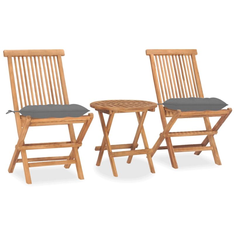 

vidaXL Set comedor de jardín plegable 3 piezas madera de teca cojines - Gris