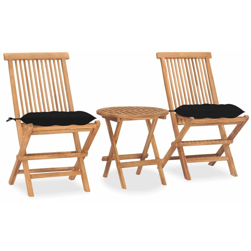 

vidaXL Set comedor de jardín plegable 3 piezas madera de teca cojines - Negro