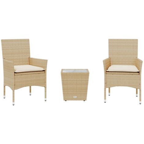 vidaXL Set da Bistrò 3 pz con Cuscini Beige Polyrattan e Vetro