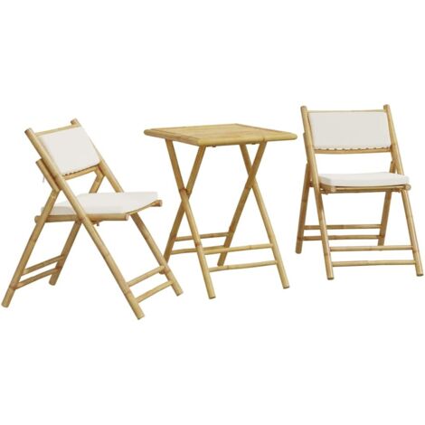 vidaXL Set da Bistrot Pieghevole 3 pz Cuscini Bianco Crema in Bambù