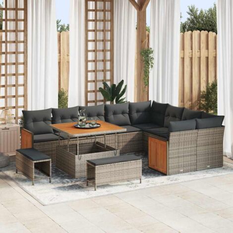 vidaXL Set da giardino 12 pezzi con cuscini grigi in polyrattan e legno di acacia