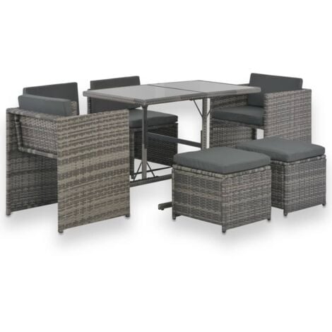 MINKUROW vidaXL Set da Pranzo per Esterni 7 pz con Cuscini in Polyrattan Grigio