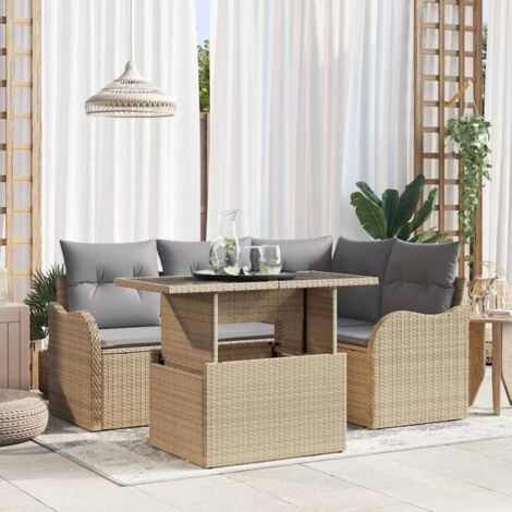 vidaXL Set da pranzo per esterni con cuscino 5 pcs Beige Poly Rattan