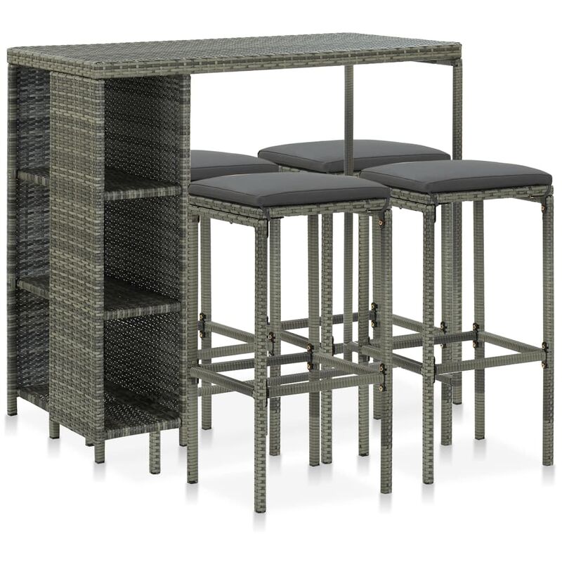 

vidaXL Set de bar para jardín 5 piezas y cojines ratán sintético gris - Gris