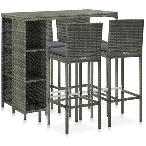 vidaXL Set de bar para jardín 5 piezas y cojines ratán sintético gris - Gris