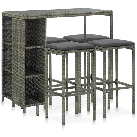 vidaXL Set de bar para jardín 5 piezas y cojines ratán sintético gris - Gris