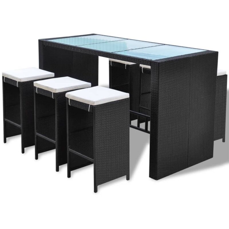 

vidaXL Mesa y Sillas Bar de Jardín 7 Piezas y Cojines Poli Ratán Negro - Negro
