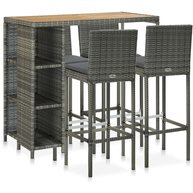 

vidaXL Set de bar para jardín 5 piezas y cojines ratán sintético gris - Gris