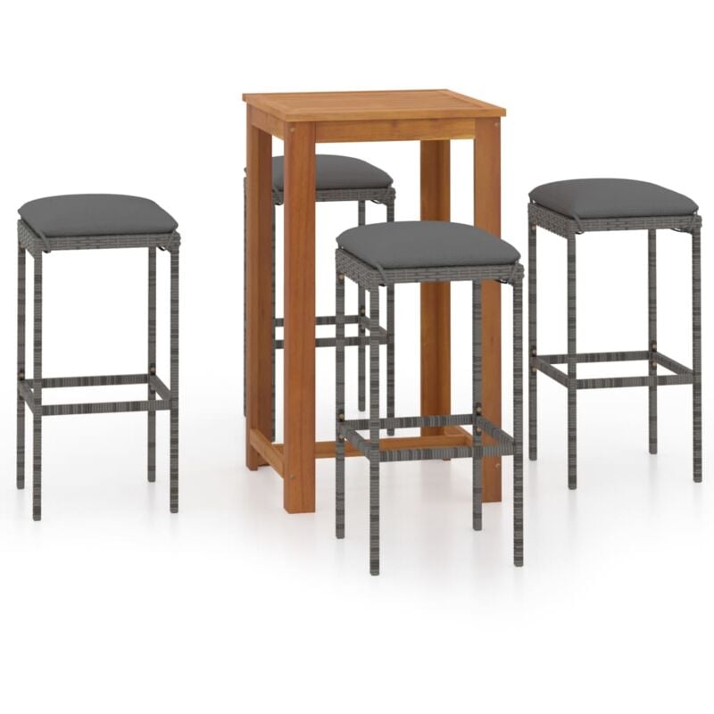 

vidaXL Set de bar para jardín 5 piezas y cojines ratán sintético gris - Gris