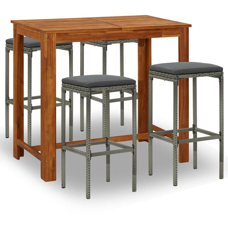 

vidaXL Set de bar para jardín 5 piezas y cojines ratán sintético gris - Gris