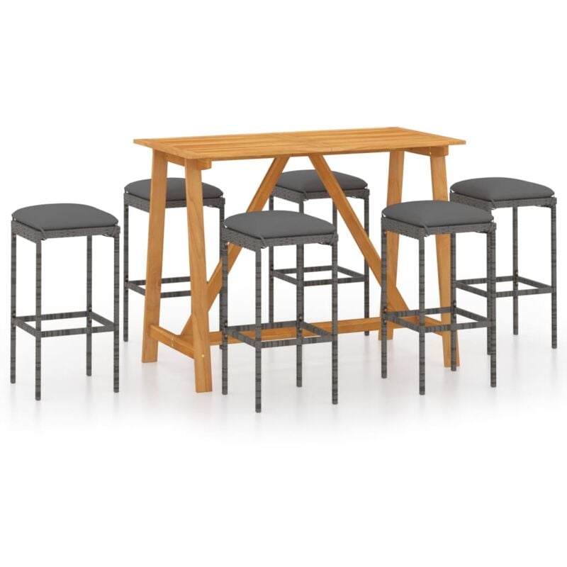 

vidaXL Set de bar para jardín 7 piezas y cojines ratán sintético gris - Gris