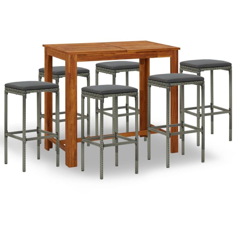

vidaXL Set de bar para jardín 7 piezas y cojines ratán sintético gris - Gris