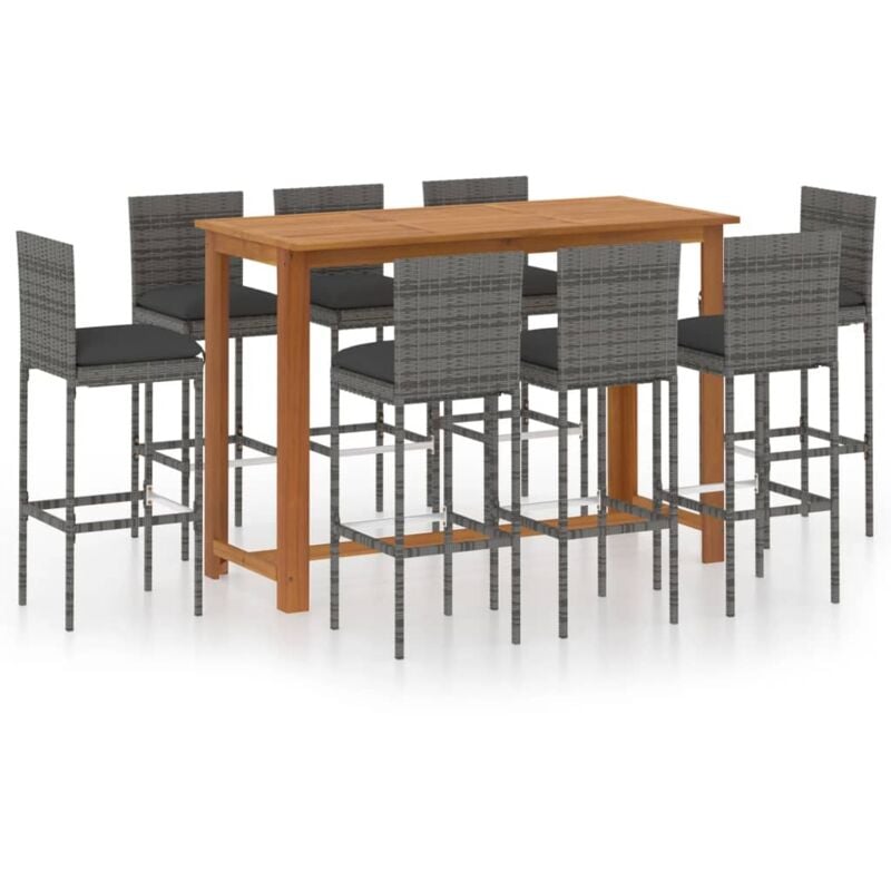 

Set de bar para jardín 9 piezas y cojines ratán sintético gris - Gris - Vidaxl