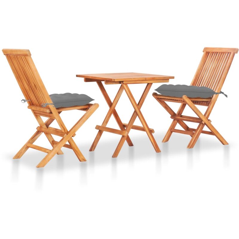 

vidaXL Set de bistró 3 pzas madera maciza de teca con cojines grises - Gris