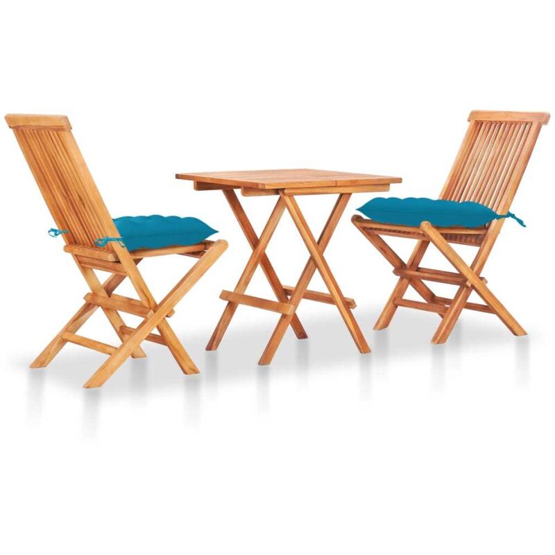 

vidaXL Set de bistró 3 pzas madera maciza de teca y cojines azul claro - Azul