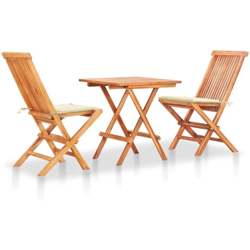 

vidaXL Set de bistró 3 piezas con cojines crema madera maciza teca - Crema