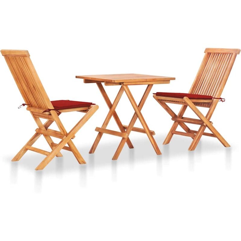 

vidaXL Set de bistró 3 pzas con cojines rojos madera maciza teca - Rojo