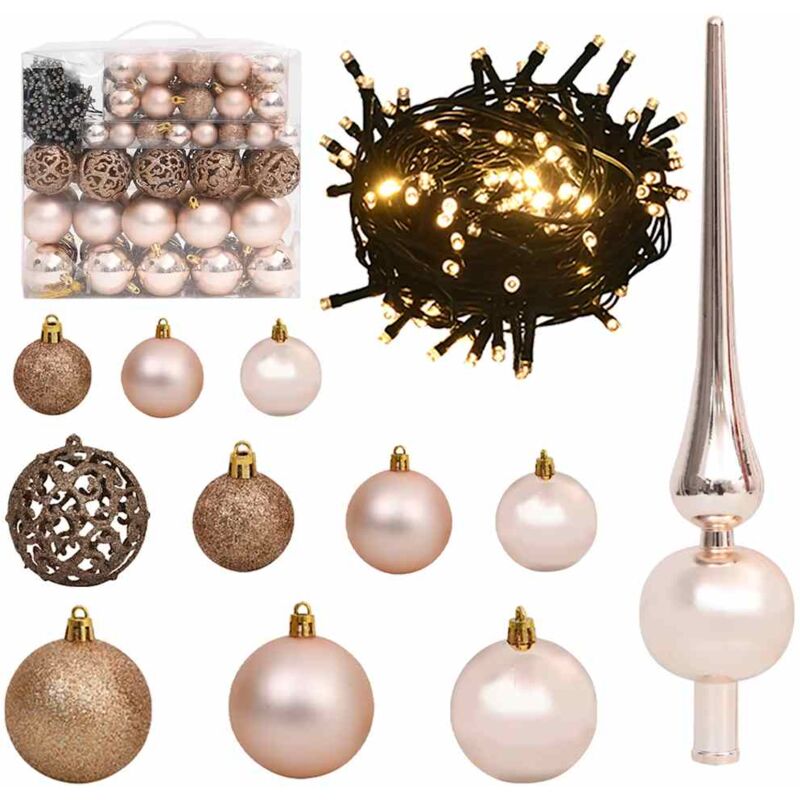

vidaXL Set de bolas navideñas 120 piezas con pico 300 LED dorado rosa - Oro