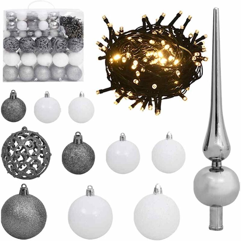 

vidaXL Set de bolas navideñas 120 pzas con pico 300 LED blanco y gris - Gris