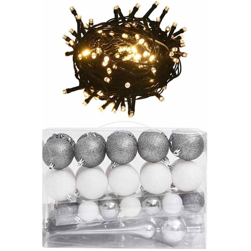 

vidaXL Set de bolas navideñas 61 piezas con pico 150 LED blanco gris - Gris