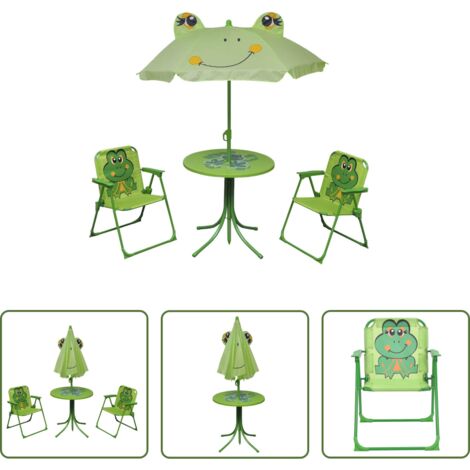 vidaXL Set de jardín para niños -  Set mesa y sillas de jardín infantil 3 pzas con sombrilla verde