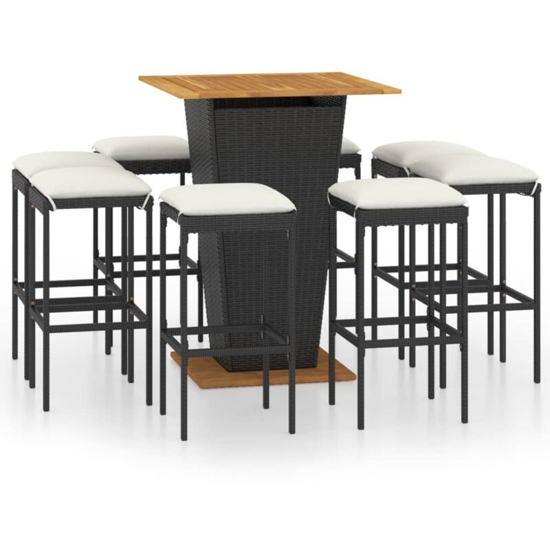 

vidaXL Set de muebles de bar de jardín 9 pzas y cojines ratán PE negro - Negro