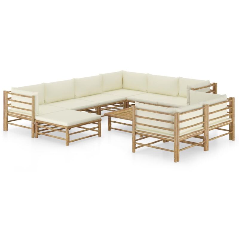 

Set de muebles de jardín 10 piezas bambú y cojines blanco crema - Marrón - Vidaxl