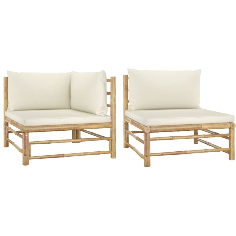 

vidaXL Set de muebles de jardín 2 piezas bambú y cojines blanco crema - Marrón