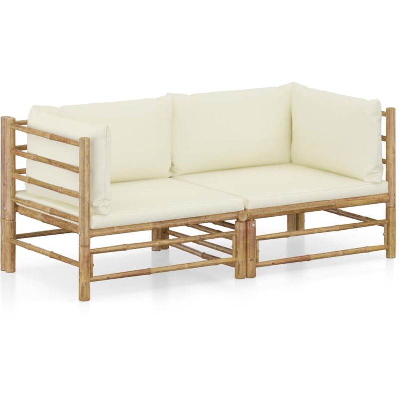 

vidaXL Set de muebles de jardín 2 piezas bambú y cojines blanco crema - Marrón