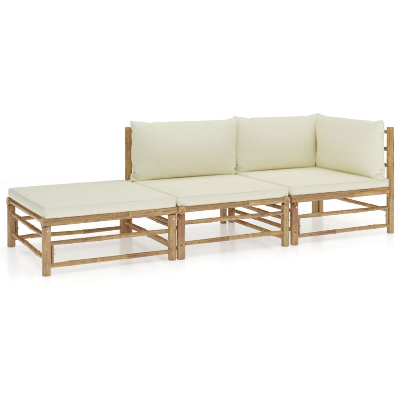 

vidaXL Set de muebles de jardín 3 piezas bambú y cojines blanco crema - Marrón